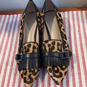 Franco Sarto Leopard Print Heeled Loafers with Black Accents